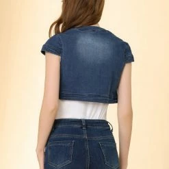 Allegra K Women's Casual Crop Denim Cardigan Slim Fit Cap Sleeve Jean Jacket