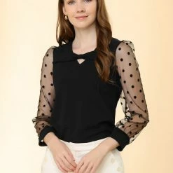 Allegra K Women's Retro Keyhole Knit Mesh Puff Sleeve Top