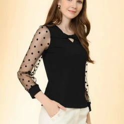 Allegra K Women's Retro Keyhole Knit Mesh Puff Sleeve Top