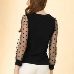 Allegra K Women's Retro Keyhole Knit Mesh Puff Sleeve Top