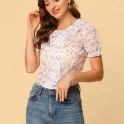 Allegra K Women's Ruffled Neck Button Up T-Shirt Puff Sleeve Chiffon Floral Blouse Top