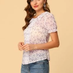 Allegra K Women's Ruffled Neck Button Up T-Shirt Puff Sleeve Chiffon Floral Blouse Top
