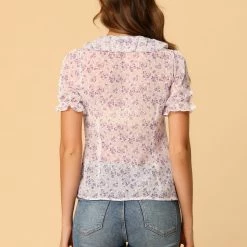 Allegra K Women's Ruffled Neck Button Up T-Shirt Puff Sleeve Chiffon Floral Blouse Top