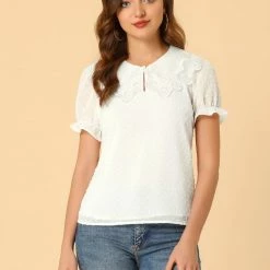 Allegra K Women's Swiss Dots Blouse Lace Lapel Collar Ruffled Sleeves Top