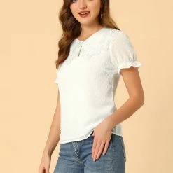 Allegra K Women's Swiss Dots Blouse Lace Lapel Collar Ruffled Sleeves Top