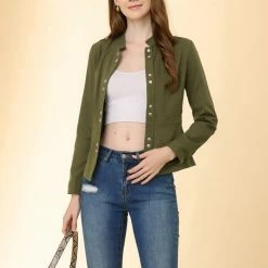 Allegra K Women's Casual Stand Collar Lightweight Long Sleeve Snap Front Jacket 12 Allegra K Women's Casual Stand Collar Lightweight Long Sleeve Snap Front Jacket