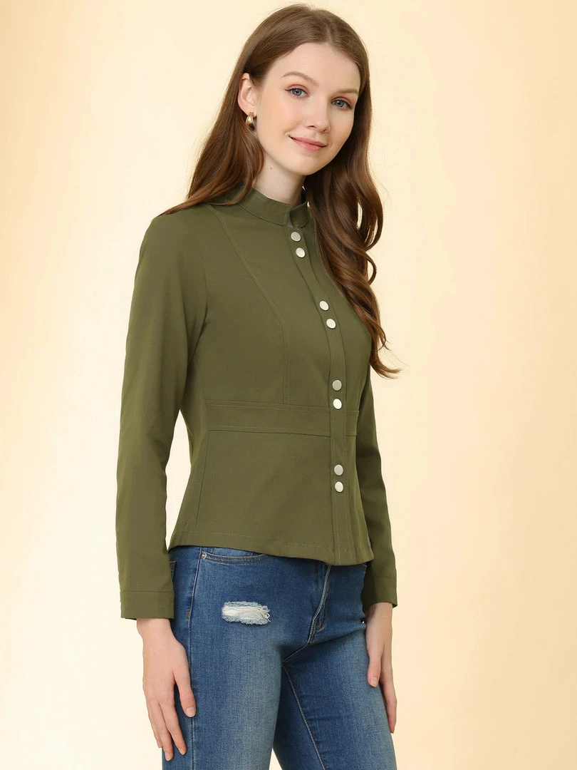 Allegra K Women's Casual Stand Collar Lightweight Long Sleeve Snap Front Jacket 7 Allegra K Women's Casual Stand Collar Lightweight Long Sleeve Snap Front Jacket