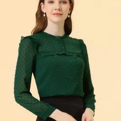 Allegra K Women's Chiffon Shirts Elegant Long Sleeve Ruffle Swiss Dots Blouse Top