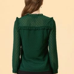 Allegra K Women's Chiffon Shirts Elegant Long Sleeve Ruffle Swiss Dots Blouse Top