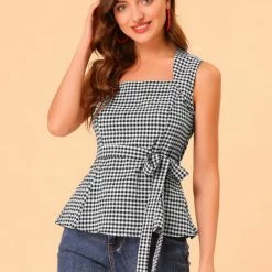 Allegra K Women's Sleeveless Square Neck Self Tie Front Textured Peplum Tops 12 Allegra K Women's Sleeveless Square Neck Self Tie Front Textured Peplum Tops