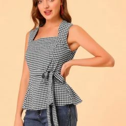 Allegra K Women's Sleeveless Square Neck Self Tie Front Textured Peplum Tops 13 Allegra K Women's Sleeveless Square Neck Self Tie Front Textured Peplum Tops