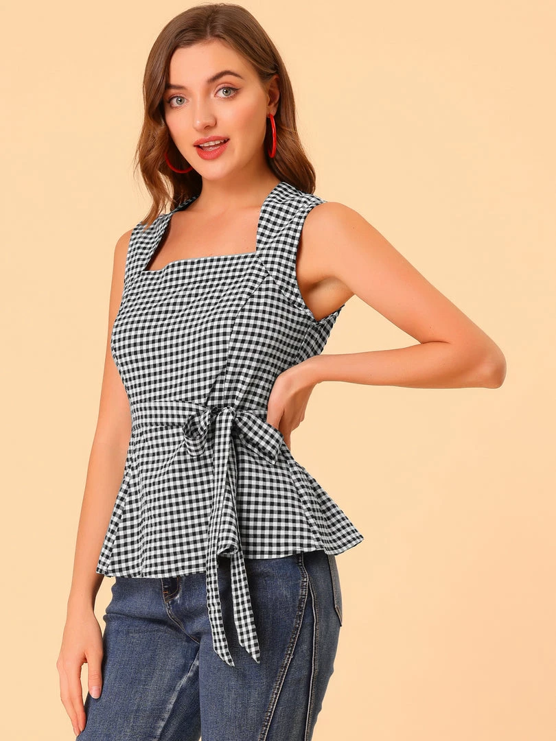 Allegra K Women's Sleeveless Square Neck Self Tie Front Textured Peplum Tops 7 Allegra K Women's Sleeveless Square Neck Self Tie Front Textured Peplum Tops