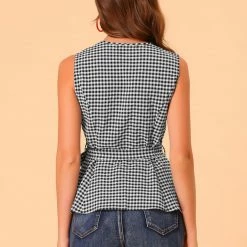 Allegra K Women's Sleeveless Square Neck Self Tie Front Textured Peplum Tops 14 Allegra K Women's Sleeveless Square Neck Self Tie Front Textured Peplum Tops