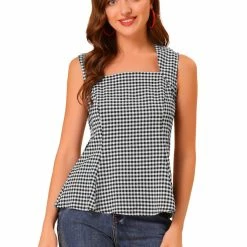 Allegra K Women's Sleeveless Square Neck Self Tie Front Textured Peplum Tops
