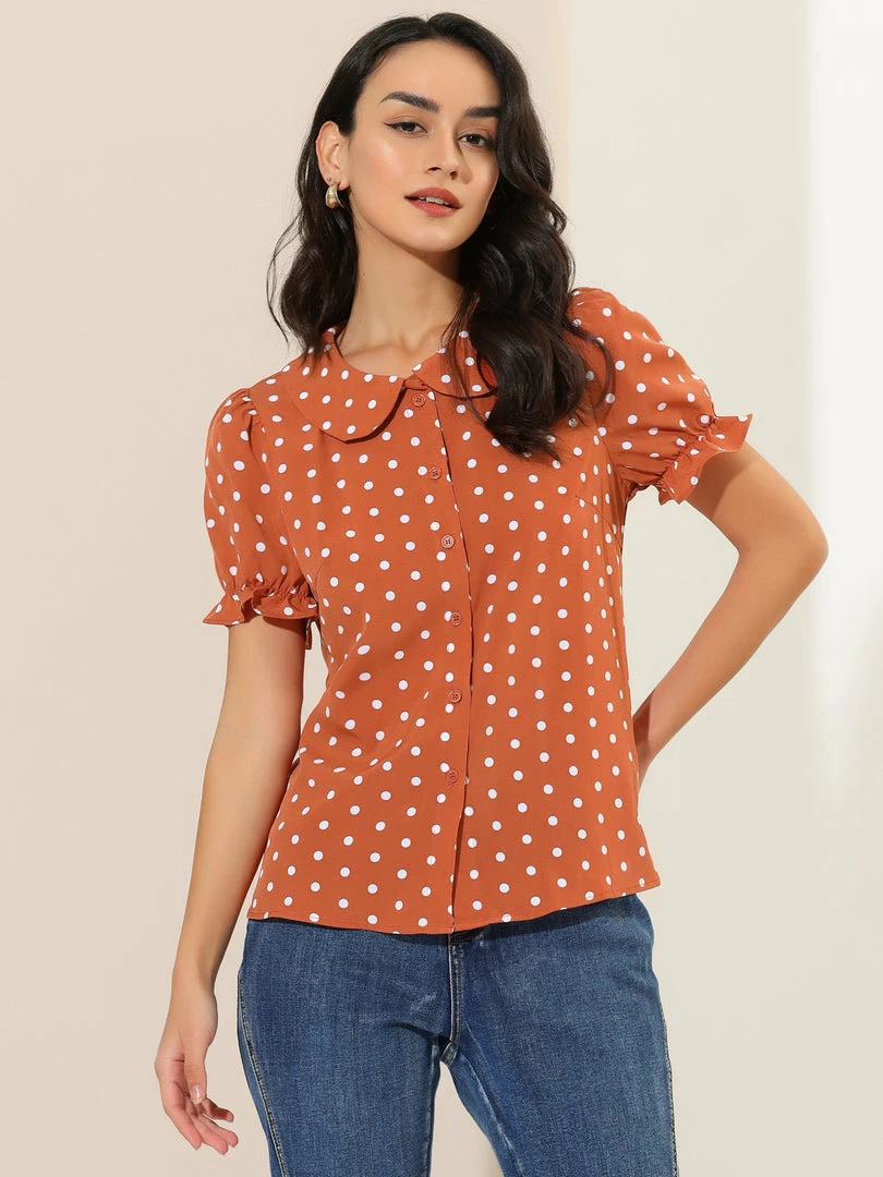 Allegra K Women's Elegant Puff Sleeve Polka Dot Peter Pan Collar Vintage Shirt Top 7 Allegra K Women's Elegant Puff Sleeve Polka Dot Peter Pan Collar Vintage Shirt Top