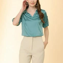 Allegra K Women's Lapel V-neck Long Sleeve Button Cuffs Satin Blouse Shirt