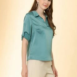 Allegra K Women's Lapel V-neck Long Sleeve Button Cuffs Satin Blouse Shirt