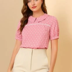 Allegra K Women's Vintage Heart Print Puff Short Sleeve Peter Pan Collar Blouse Tops