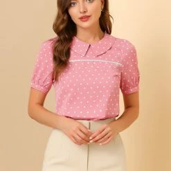 Allegra K Women's Vintage Heart Print Puff Short Sleeve Peter Pan Collar Blouse Tops