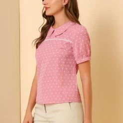 Allegra K Women's Vintage Heart Print Puff Short Sleeve Peter Pan Collar Blouse Tops