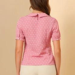 Allegra K Women's Vintage Heart Print Puff Short Sleeve Peter Pan Collar Blouse Tops