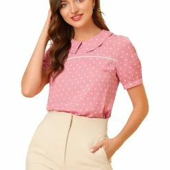 Allegra K Women's Vintage Heart Print Puff Short Sleeve Peter Pan Collar Blouse Tops
