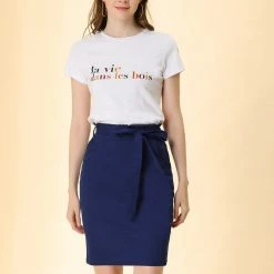 Allegra K Women's Workwear Paperbag Elastic High Waist Cotton Pencil Mini Skirt