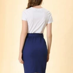 Allegra K Women's Workwear Paperbag Elastic High Waist Cotton Pencil Mini Skirt