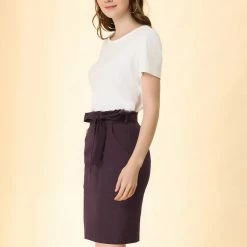 Allegra K Women's Workwear Paperbag Elastic High Waist Cotton Pencil Mini Skirt