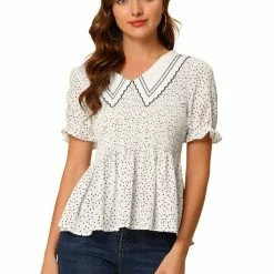 Allegra K Women's Polka Dots Peter Pan Collar Smocked Peplum Blouse Top
