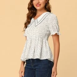 Allegra K Women's Polka Dots Peter Pan Collar Smocked Peplum Blouse Top