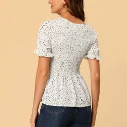 Allegra K Women's Polka Dots Peter Pan Collar Smocked Peplum Blouse Top