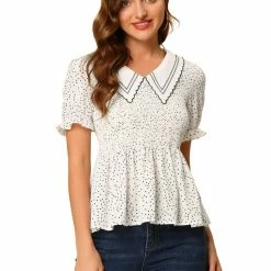 Allegra K Women's Polka Dots Peter Pan Collar Smocked Peplum Blouse Top
