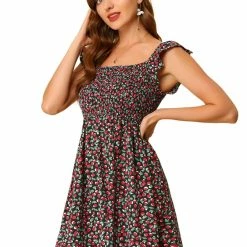 Allegra K Women's Cherry Square Neck Cap Sleeve Pleated Mini Dress