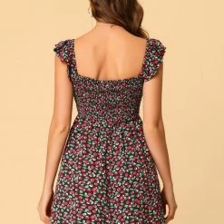 Allegra K Women's Cherry Square Neck Cap Sleeve Pleated Mini Dress