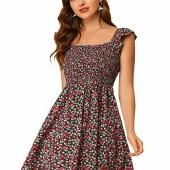 Allegra K Women's Cherry Square Neck Cap Sleeve Pleated Mini Dress