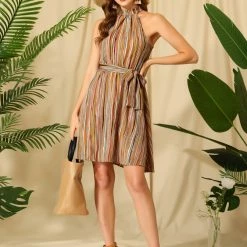 Allegra K Women’s Halter Neck Casual Belted Stripe Sleeveless Dress