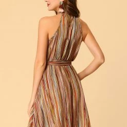 Allegra K Women’s Halter Neck Casual Belted Stripe Sleeveless Dress
