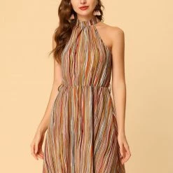Allegra K Women’s Halter Neck Casual Belted Stripe Sleeveless Dress