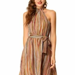 Allegra K Women’s Halter Neck Casual Belted Stripe Sleeveless Dress