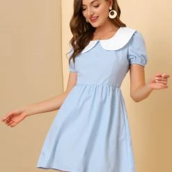 Allegra K Women's Contrast Peter Pan Collar Puff Short Sleeve A-line Dress 11 Allegra K Women's Contrast Peter Pan Collar Puff Short Sleeve A-line Dress