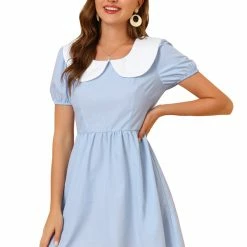 Allegra K Women's Contrast Peter Pan Collar Puff Short Sleeve A-line Dress