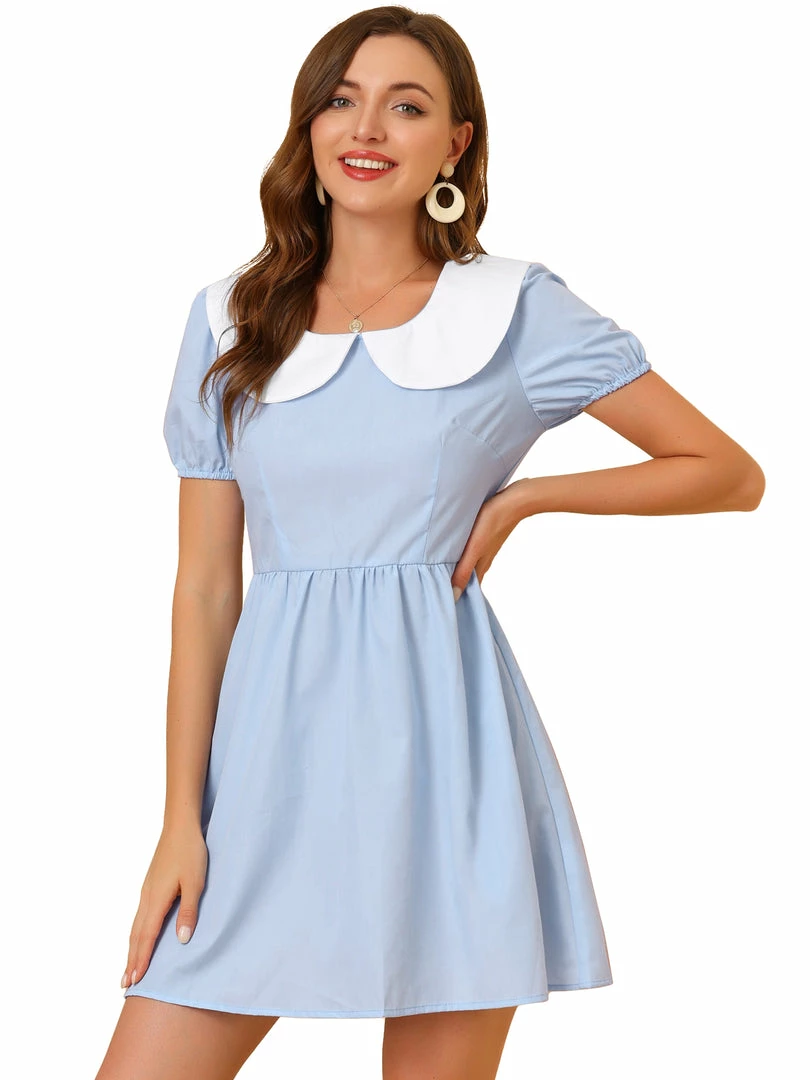 Allegra K Women's Contrast Peter Pan Collar Puff Short Sleeve A-line Dress 4 Allegra K Women's Contrast Peter Pan Collar Puff Short Sleeve A-line Dress