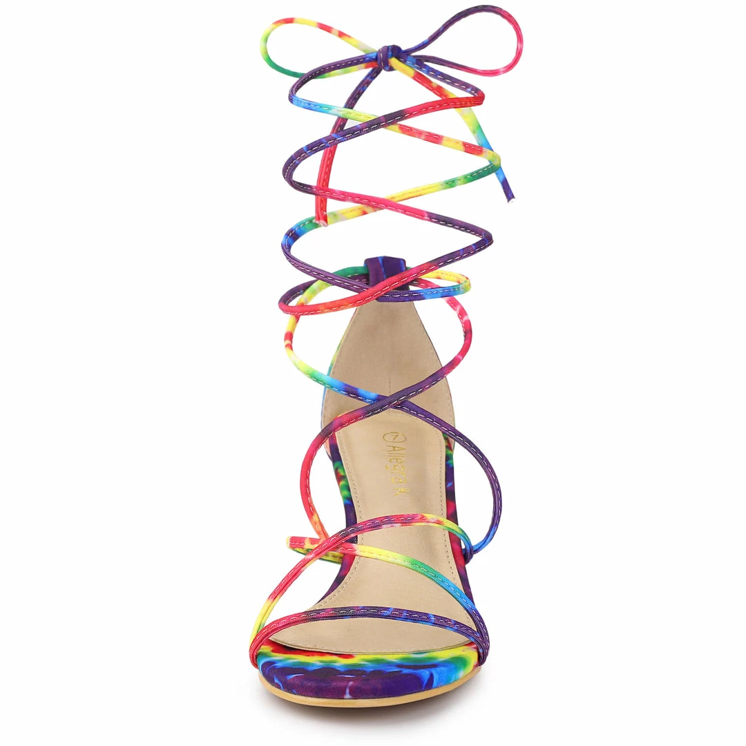 Allegra K Women's Lace Up Strappy Tie Dye Kitten Heels Sandals 5 Allegra K Women's Lace Up Strappy Tie Dye Kitten Heels Sandals