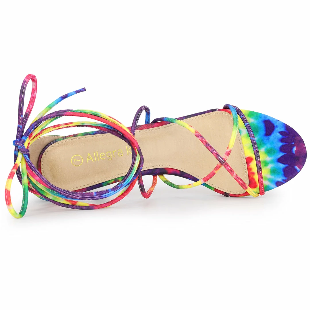 Allegra K Women's Lace Up Strappy Tie Dye Kitten Heels Sandals 7 Allegra K Women's Lace Up Strappy Tie Dye Kitten Heels Sandals