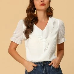 Allegra K Women's Swiss Dots Blouse Ruffle V Neck Short Sleeve Chiffon Peasant Top 11 Allegra K Women's Swiss Dots Blouse Ruffle V Neck Short Sleeve Chiffon Peasant Top