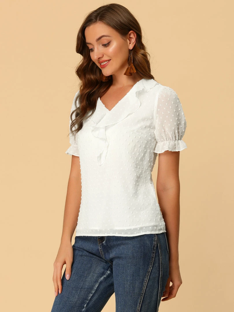 Allegra K Women's Swiss Dots Blouse Ruffle V Neck Short Sleeve Chiffon Peasant Top 7 Allegra K Women's Swiss Dots Blouse Ruffle V Neck Short Sleeve Chiffon Peasant Top