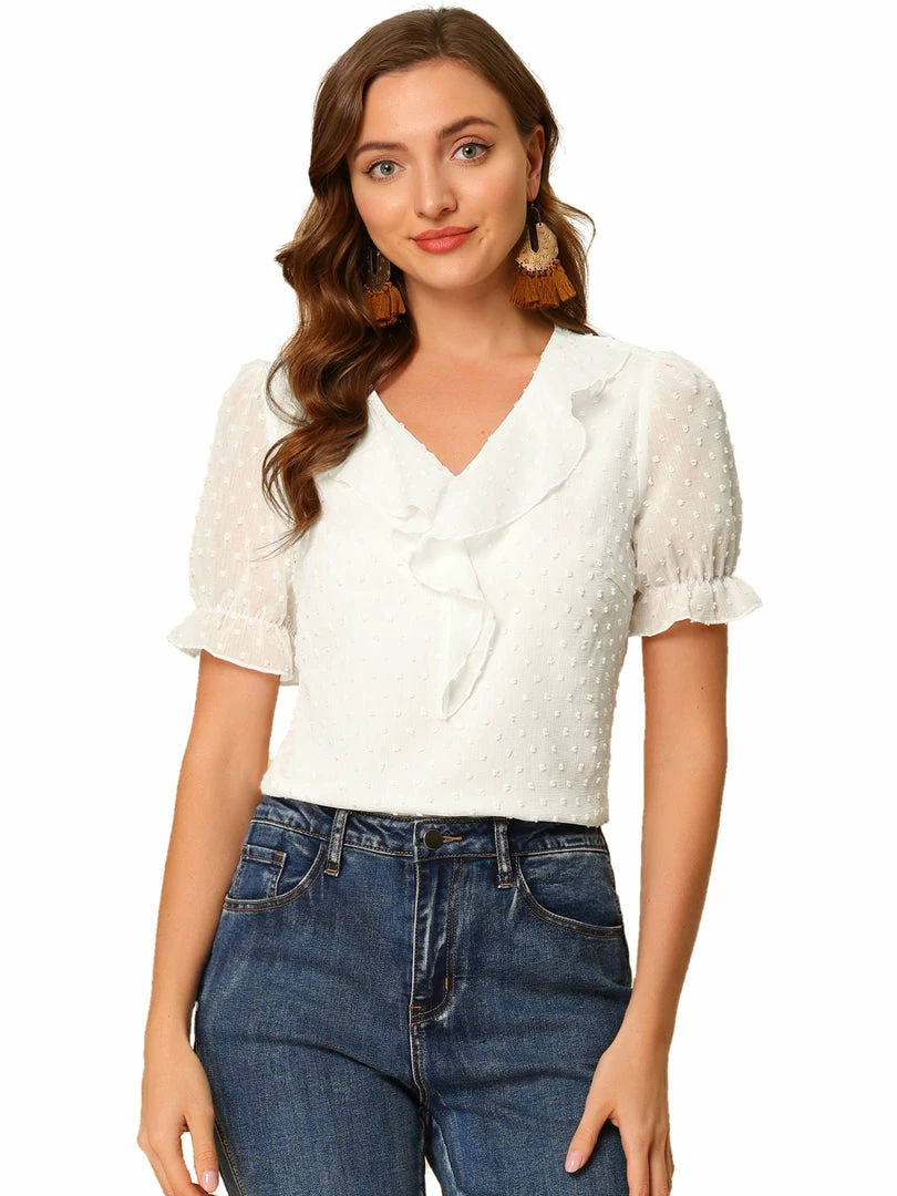Allegra K Women's Swiss Dots Blouse Ruffle V Neck Short Sleeve Chiffon Peasant Top 4 Allegra K Women's Swiss Dots Blouse Ruffle V Neck Short Sleeve Chiffon Peasant Top