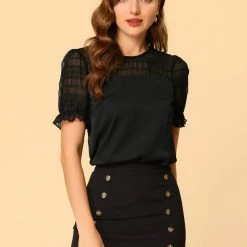 Allegra K Women's Lace Panel Keyhole Back Round Neck Puff Short Sleeve Tops