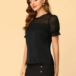 Allegra K Women's Lace Panel Keyhole Back Round Neck Puff Short Sleeve Tops